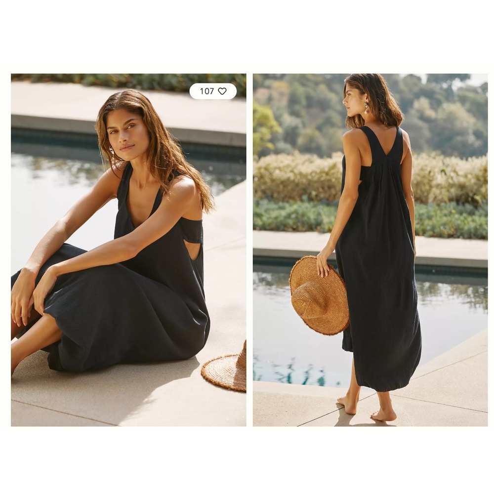 By Anthropologie Women Cotton Gauze Maxi Dress M Black Bubble Hem Boho Lagenlook
